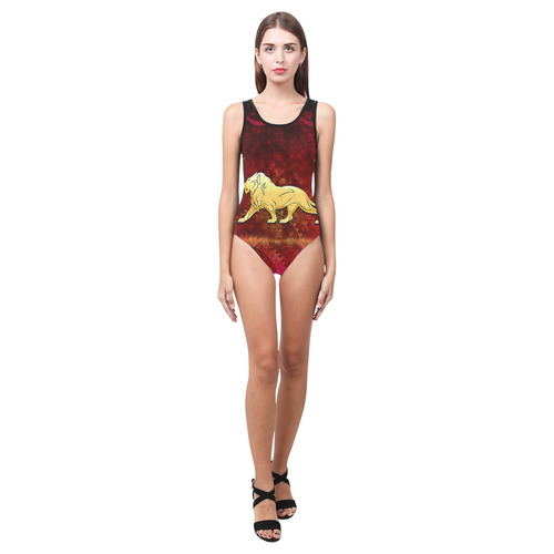 Golden lion on vintage background Vest One Piece Swimsuit (Model S04)