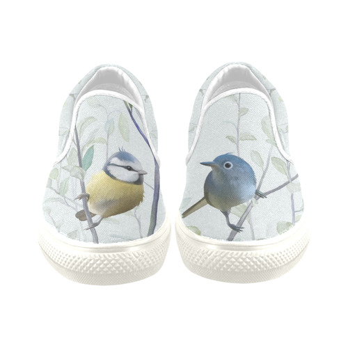 2 Cute Birds in Tree - watercolor Women's Unusual Slip-on Canvas Shoes (Model 019)