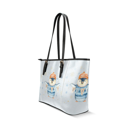 cute penguin, christmas Leather Tote Bag/Large (Model 1640)