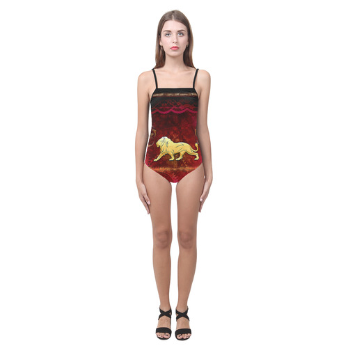 Golden lion on vintage background Strap Swimsuit ( Model S05)