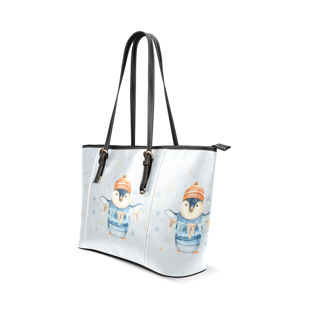 cute penguin, christmas Leather Tote Bag/Large (Model 1640)