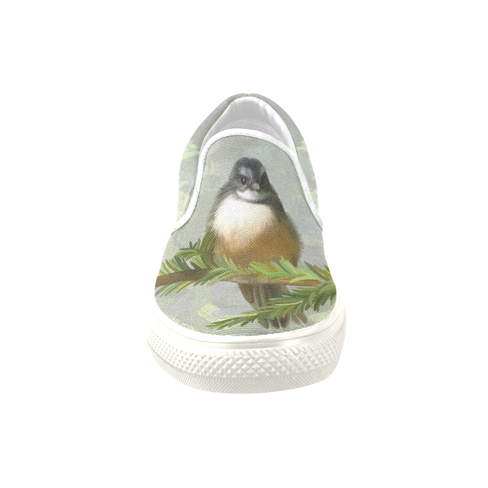 Fantail Chick in Forrest, watercolor & pastel Women's Unusual Slip-on Canvas Shoes (Model 019)
