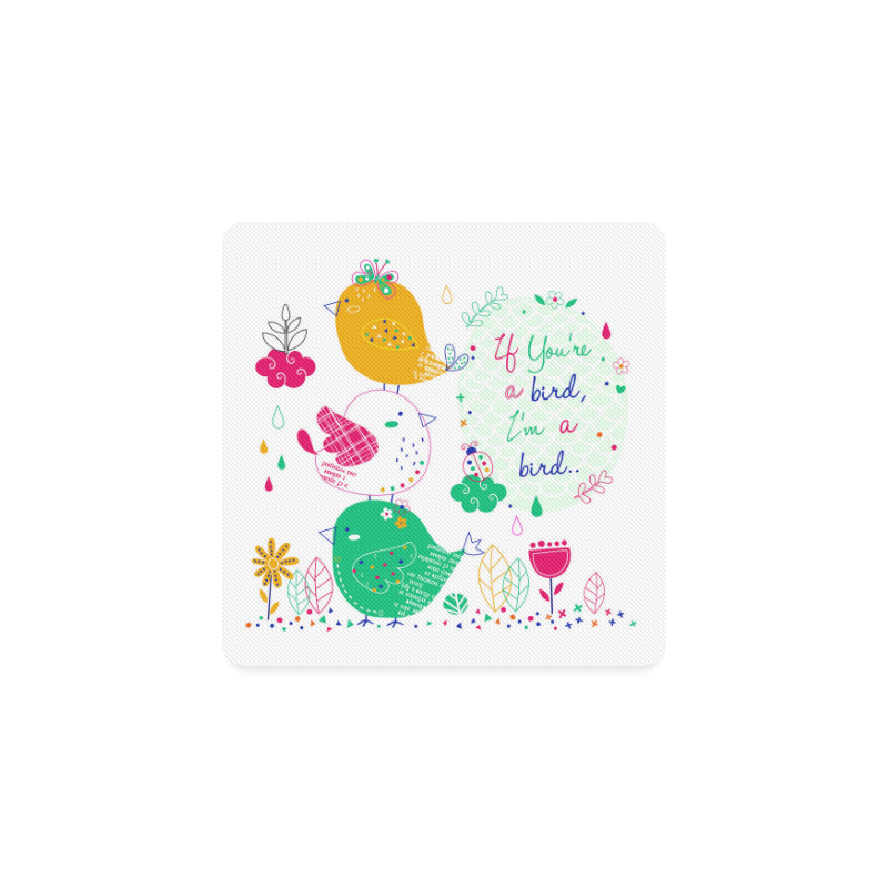 Cute Funny Birds Ladybug Flowers Floral Square Coaster