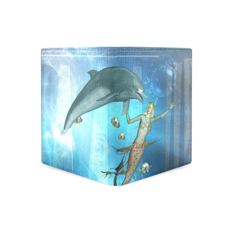 Underwater, dolphin with mermaid Men's Leather Wallet (Model 1612)