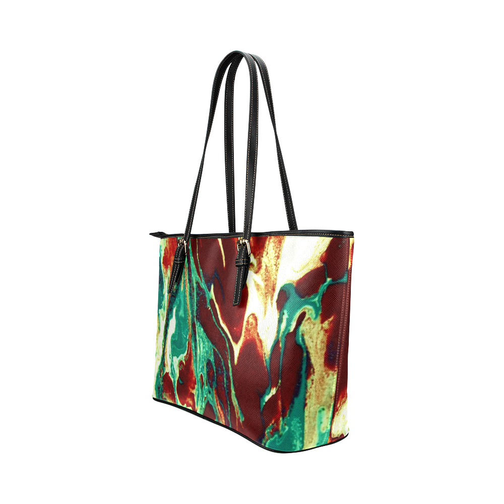 Gold Green Brown Marbling Leather Tote Bag/Large (Model 1651)