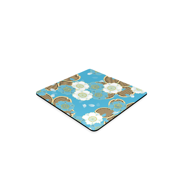 Blue Gold Japanese Kimono Pattern Square Coaster