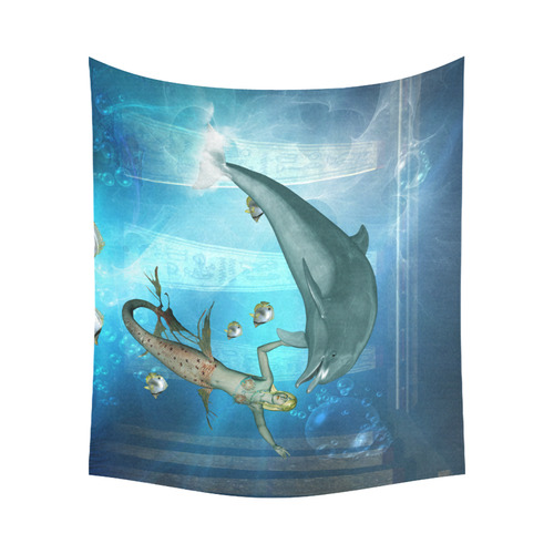Underwater, dolphin with mermaid Cotton Linen Wall Tapestry 60"x 51"