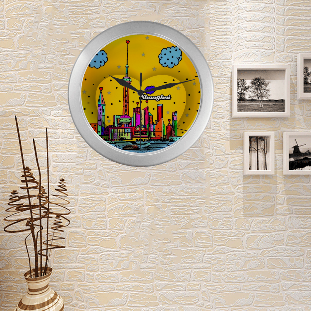 Shanghai / 上海 Popart by Nico Bielow Silver Color Wall Clock