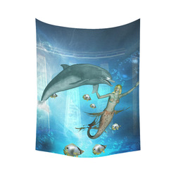 Underwater, dolphin with mermaid Cotton Linen Wall Tapestry 60"x 80"
