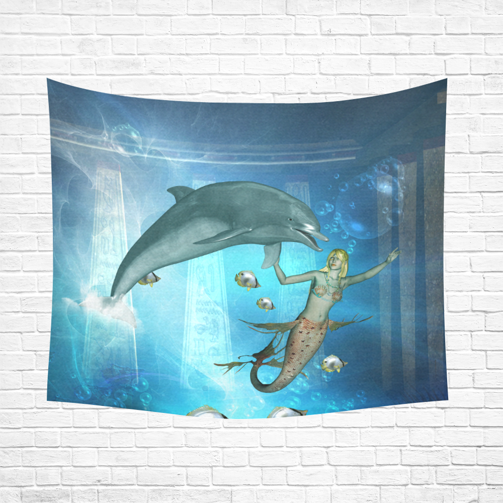 Underwater, dolphin with mermaid Cotton Linen Wall Tapestry 60"x 51"