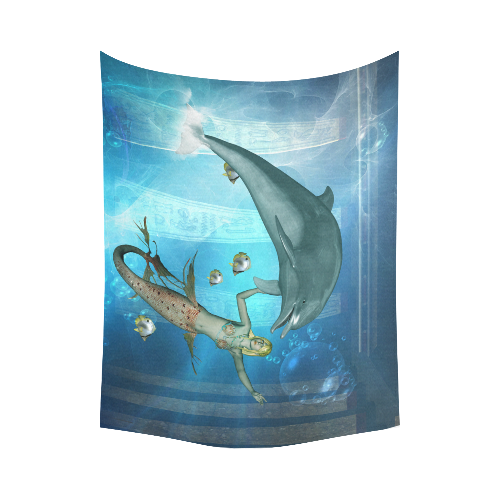 Underwater, dolphin with mermaid Cotton Linen Wall Tapestry 80"x 60"