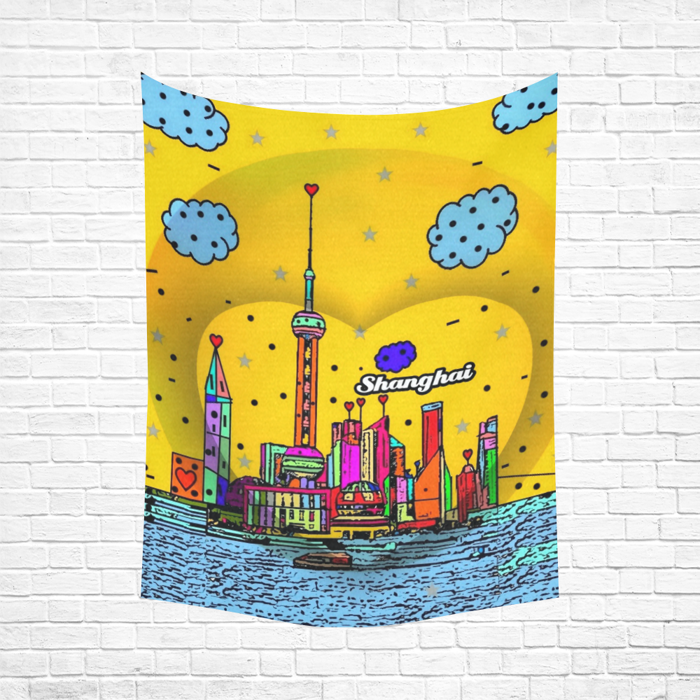 Shanghai / 上海 Popart by Nico Bielow Cotton Linen Wall Tapestry 60"x 80"