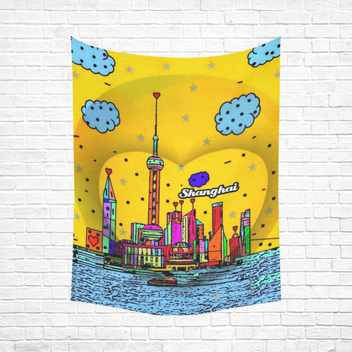 Shanghai / 上海 Popart by Nico Bielow Cotton Linen Wall Tapestry 60"x 80"