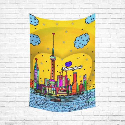 Shanghai / 上海 Popart by Nico Bielow Cotton Linen Wall Tapestry 60"x 90"