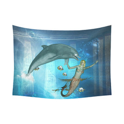 Underwater, dolphin with mermaid Cotton Linen Wall Tapestry 80"x 60"