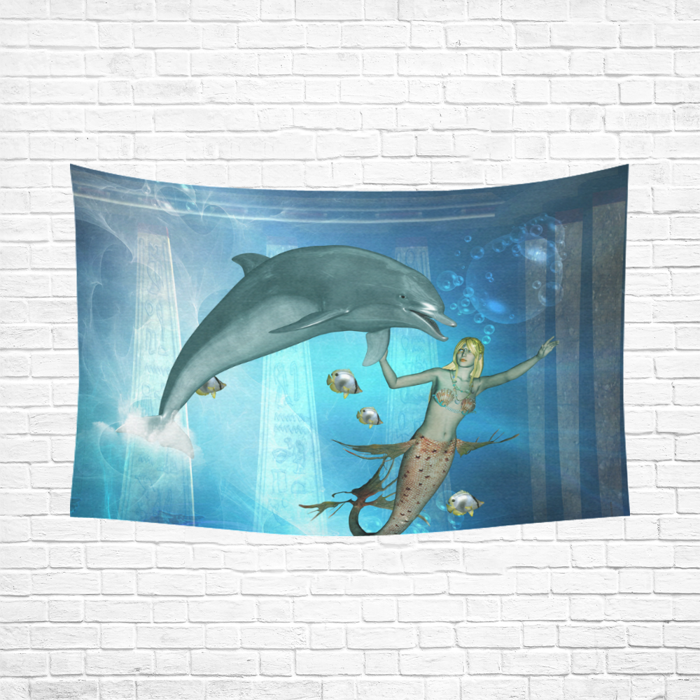 Underwater, dolphin with mermaid Cotton Linen Wall Tapestry 90"x 60"