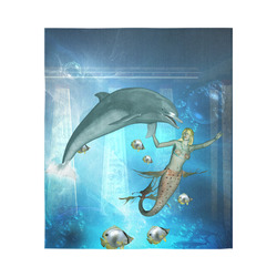 Underwater, dolphin with mermaid Cotton Linen Wall Tapestry 51"x 60"