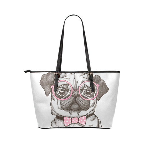 pug in glasses Leather Tote Bag/Large (Model 1651)