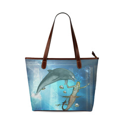 Underwater, dolphin with mermaid Shoulder Tote Bag (Model 1646)