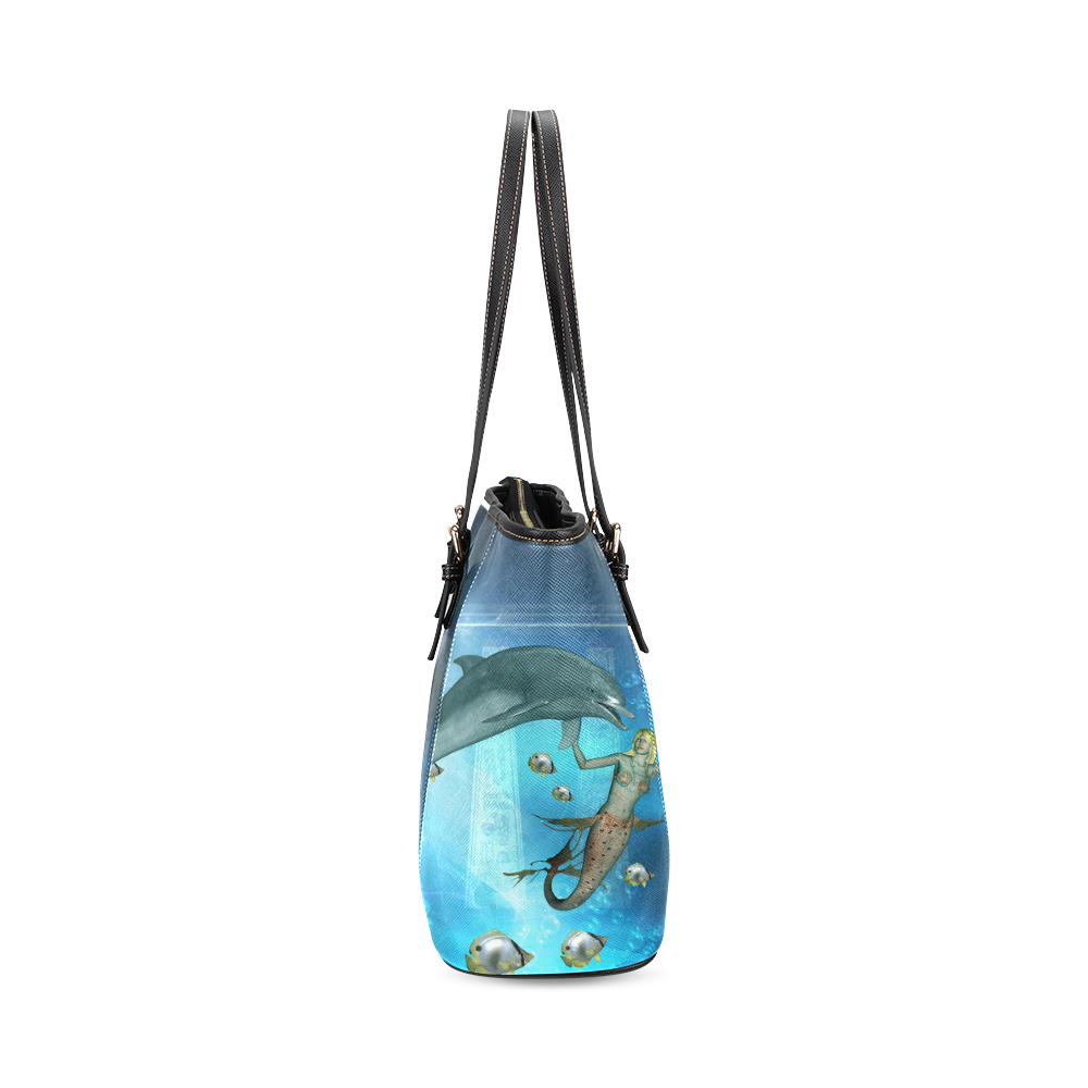 Underwater, dolphin with mermaid Leather Tote Bag/Small (Model 1640)