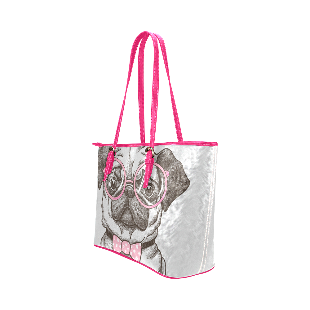 pug in glasses Leather Tote Bag/Small (Model 1651)