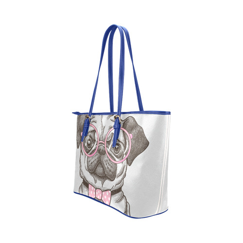 pug in glasses Leather Tote Bag/Small (Model 1651)