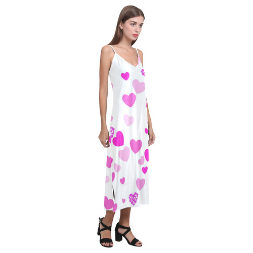 lovely Valentine-Hearts pink V-Neck Open Fork Long Dress(Model D18)