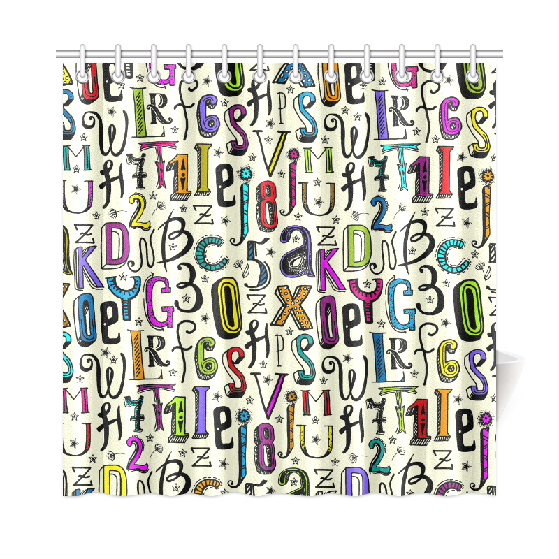 Letters Numbers Stars Typography Pattern Colored Shower Curtain 72"x72"