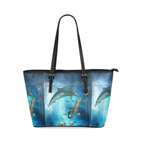 Underwater, dolphin with mermaid Leather Tote Bag/Large (Model 1640)