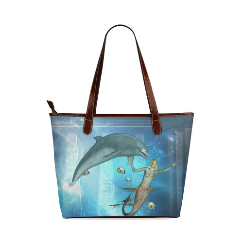 Underwater, dolphin with mermaid Shoulder Tote Bag (Model 1646)