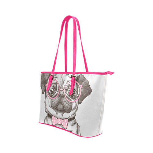 pug in glasses Leather Tote Bag/Small (Model 1651)