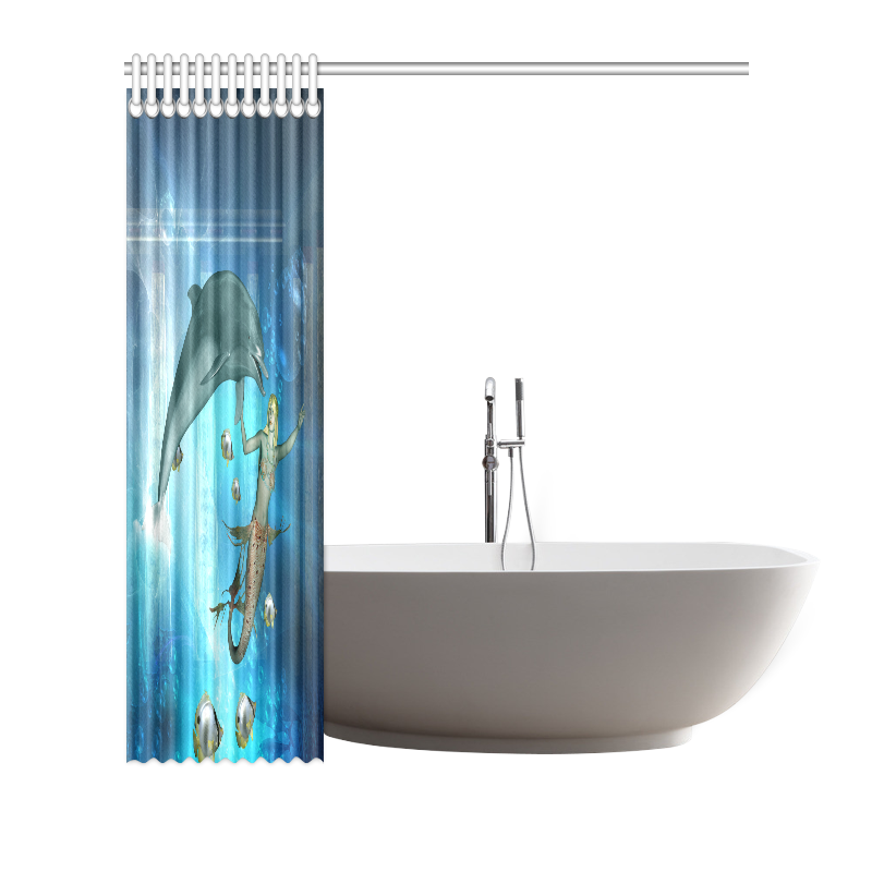 Underwater, dolphin with mermaid Shower Curtain 72"x72"