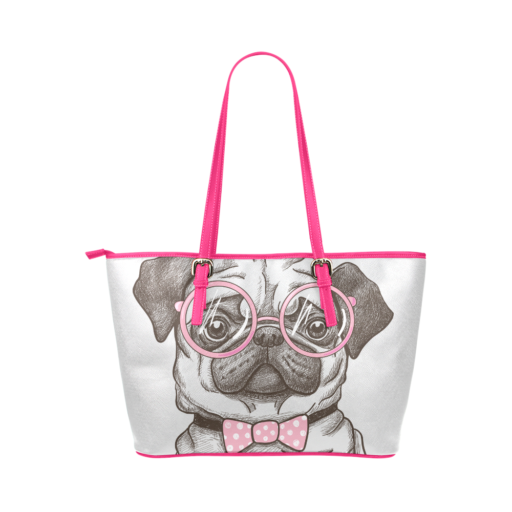 pug in glasses Leather Tote Bag/Small (Model 1651)