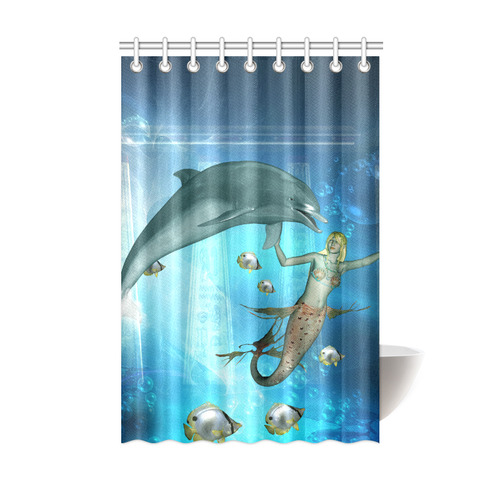 Underwater, dolphin with mermaid Shower Curtain 48"x72"