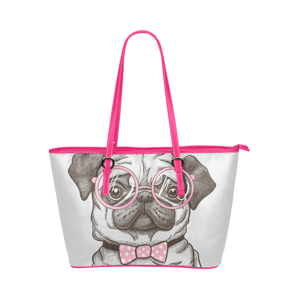 pug in glasses Leather Tote Bag/Small (Model 1651)