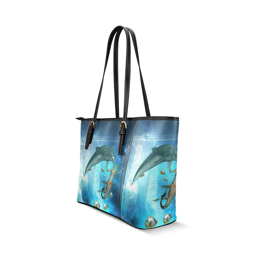 Underwater, dolphin with mermaid Leather Tote Bag/Large (Model 1640)