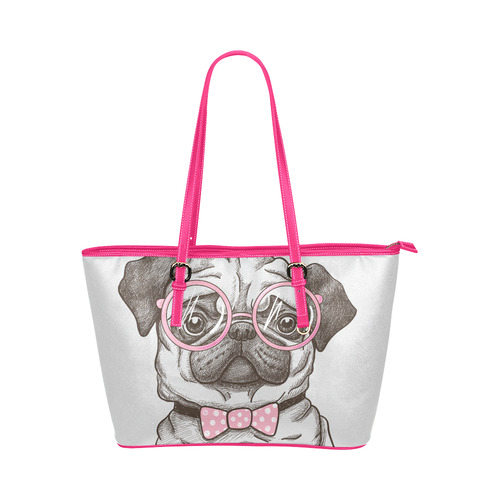 pug in glasses Leather Tote Bag/Large (Model 1651)