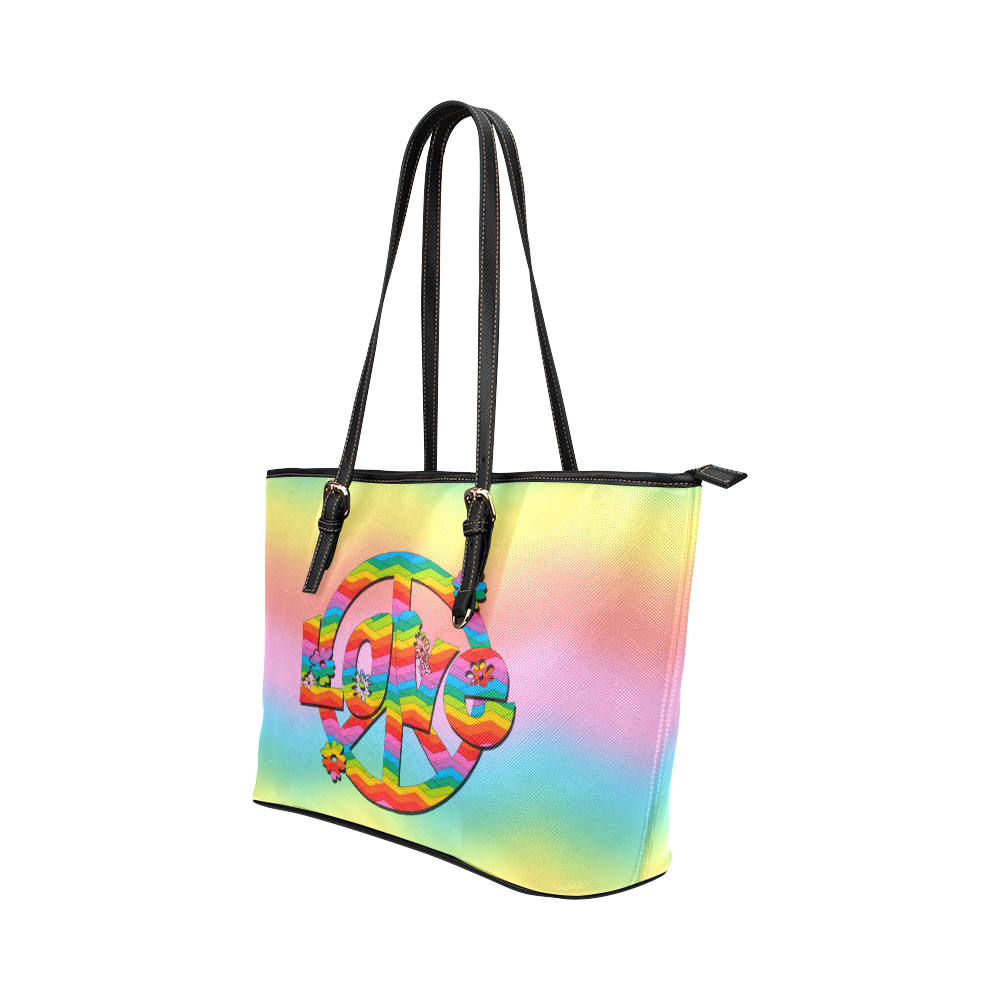 Colorful Love and Peace Background Leather Tote Bag/Small (Model 1651)