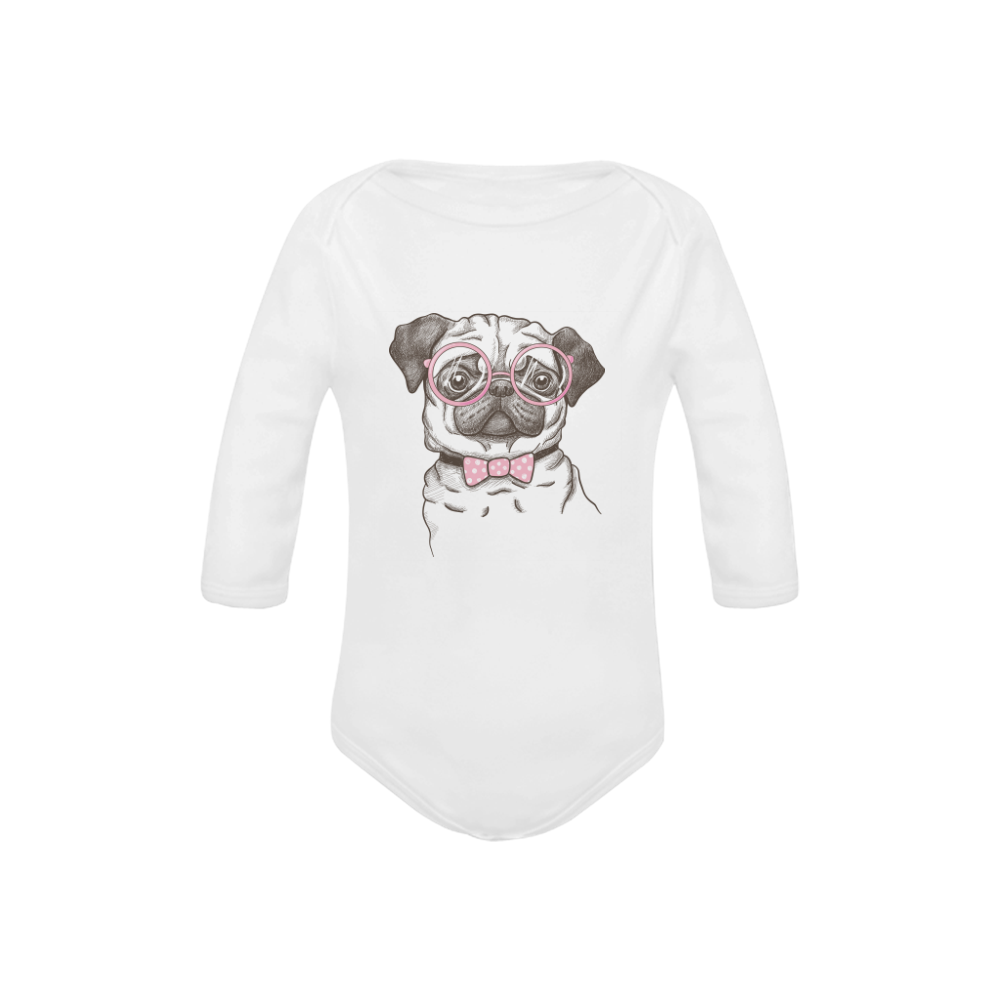 pug in glasses Baby Powder Organic Long Sleeve One Piece (Model T27)