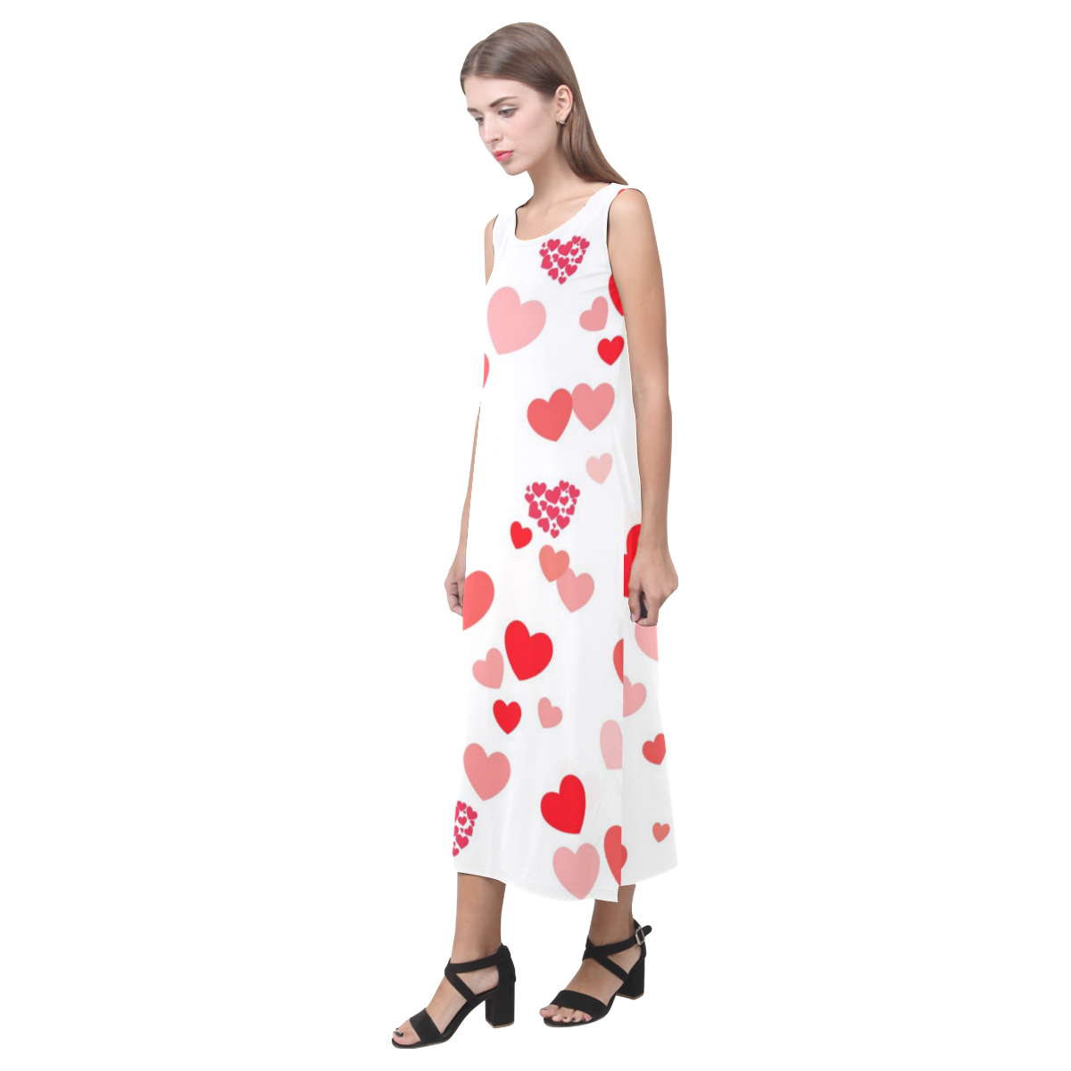 lovely Valentine-Hearts red Phaedra Sleeveless Open Fork Long Dress (Model D08)