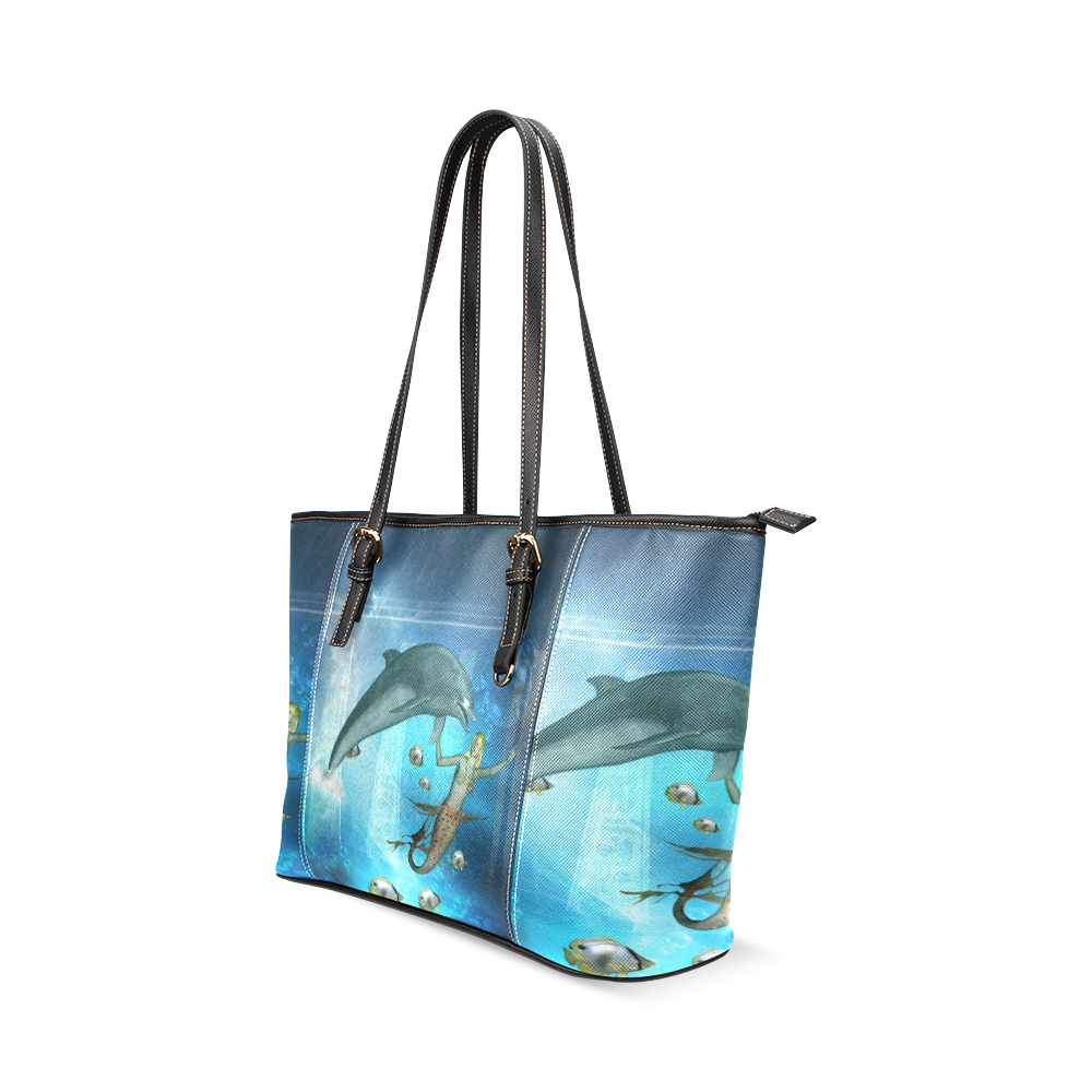 Underwater, dolphin with mermaid Leather Tote Bag/Small (Model 1640)