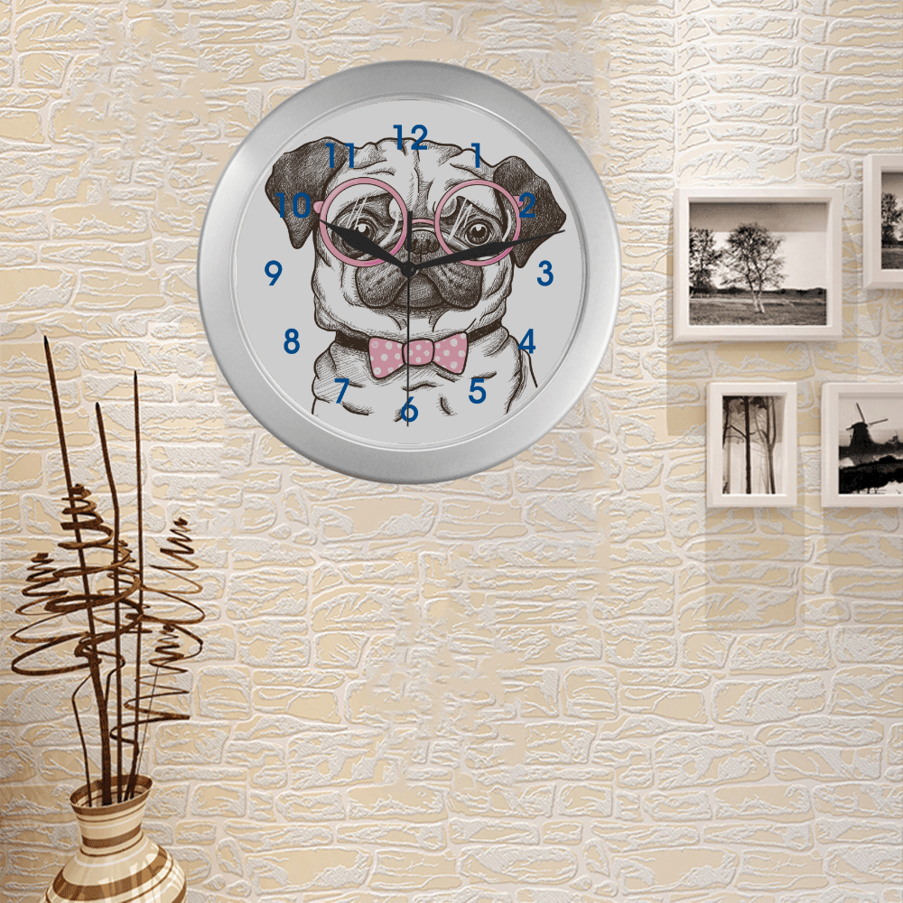 pug in glasses Silver Color Wall Clock