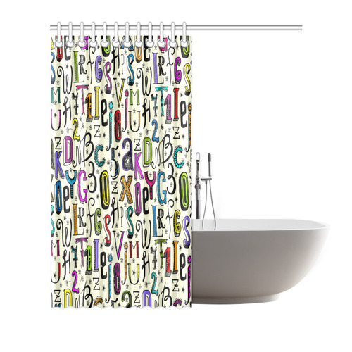Letters Numbers Stars Typography Pattern Colored Shower Curtain 72"x72"