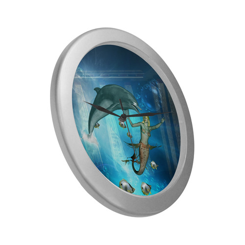 Underwater, dolphin with mermaid Silver Color Wall Clock