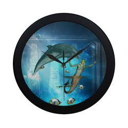 Underwater, dolphin with mermaid Circular Plastic Wall clock