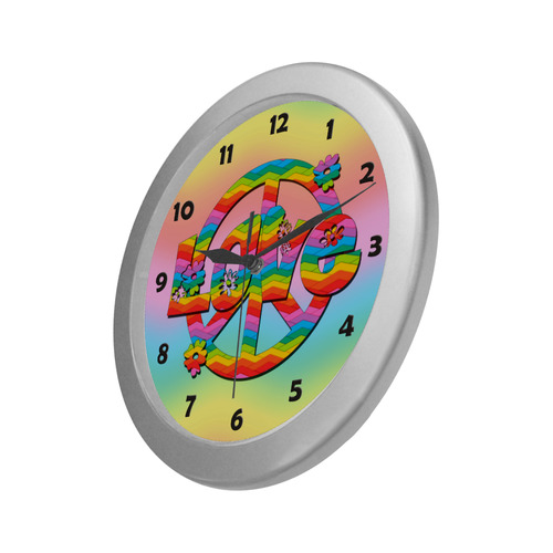 Colorful Love and Peace Background Silver Color Wall Clock