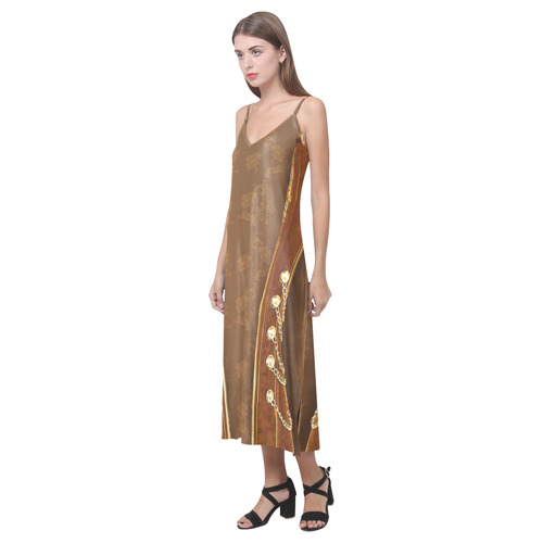 3D chain pattern maroon V-Neck Open Fork Long Dress(Model D18)