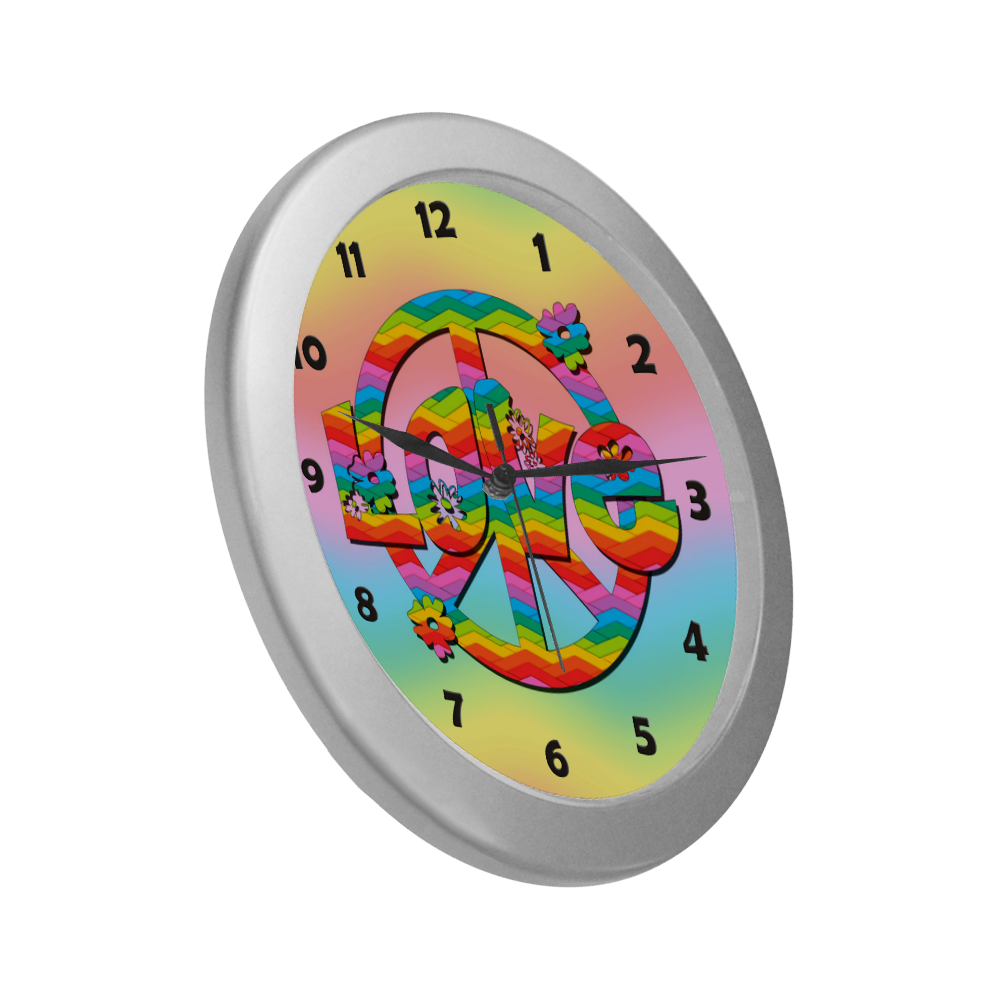 Colorful Love and Peace Background Silver Color Wall Clock