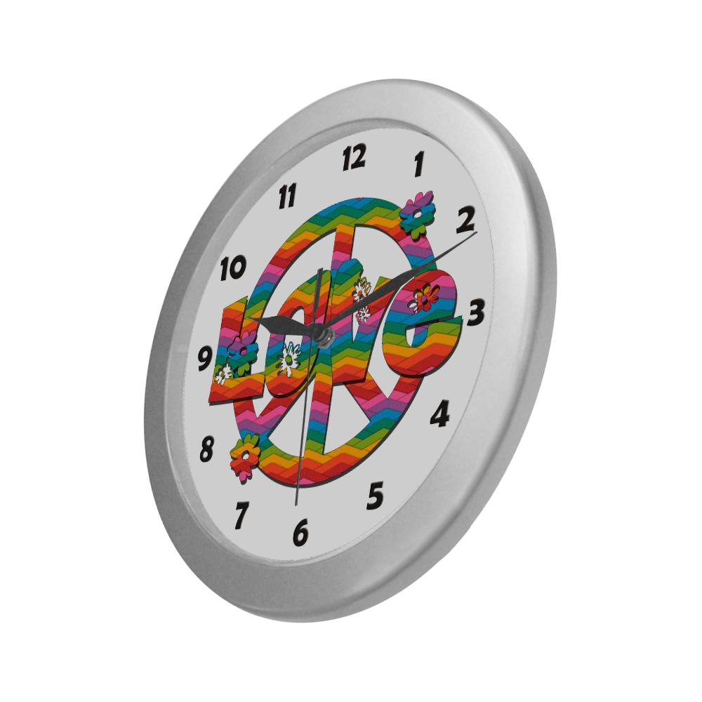 Colorful Love and Peace Silver Color Wall Clock