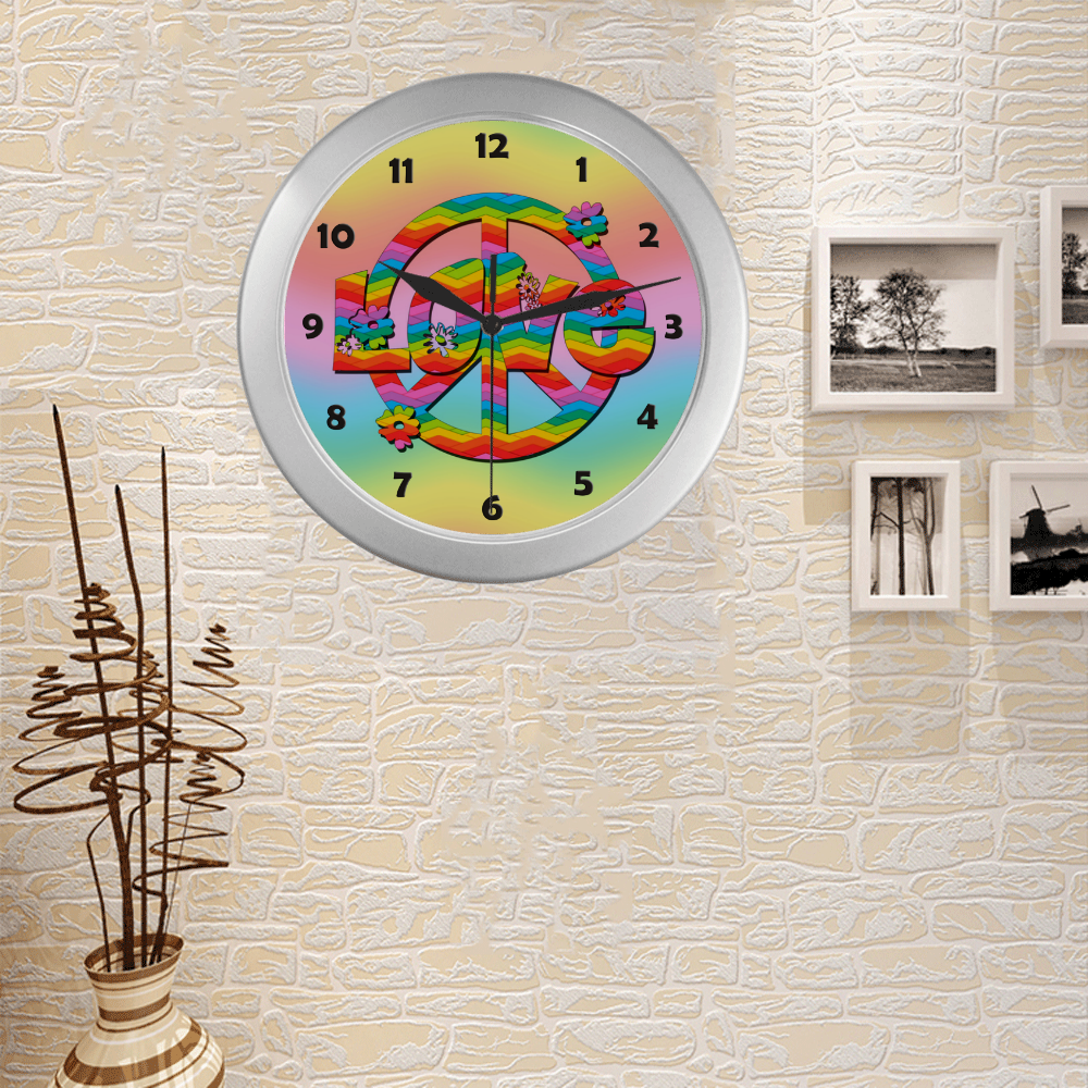 Colorful Love and Peace Background Silver Color Wall Clock